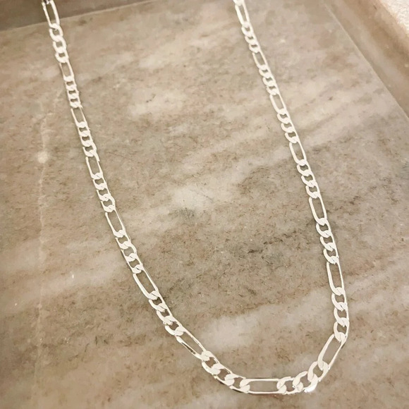 925 Sterling Silver Figaro Chain Necklace Flat Link Necklace 4 MM Links - Picture 1 of 7